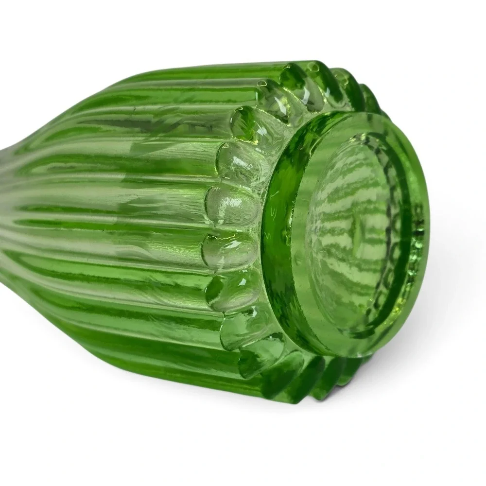 Vintage Green Ribbed Art Glass Swung Vase MCM Pulled Rim 12